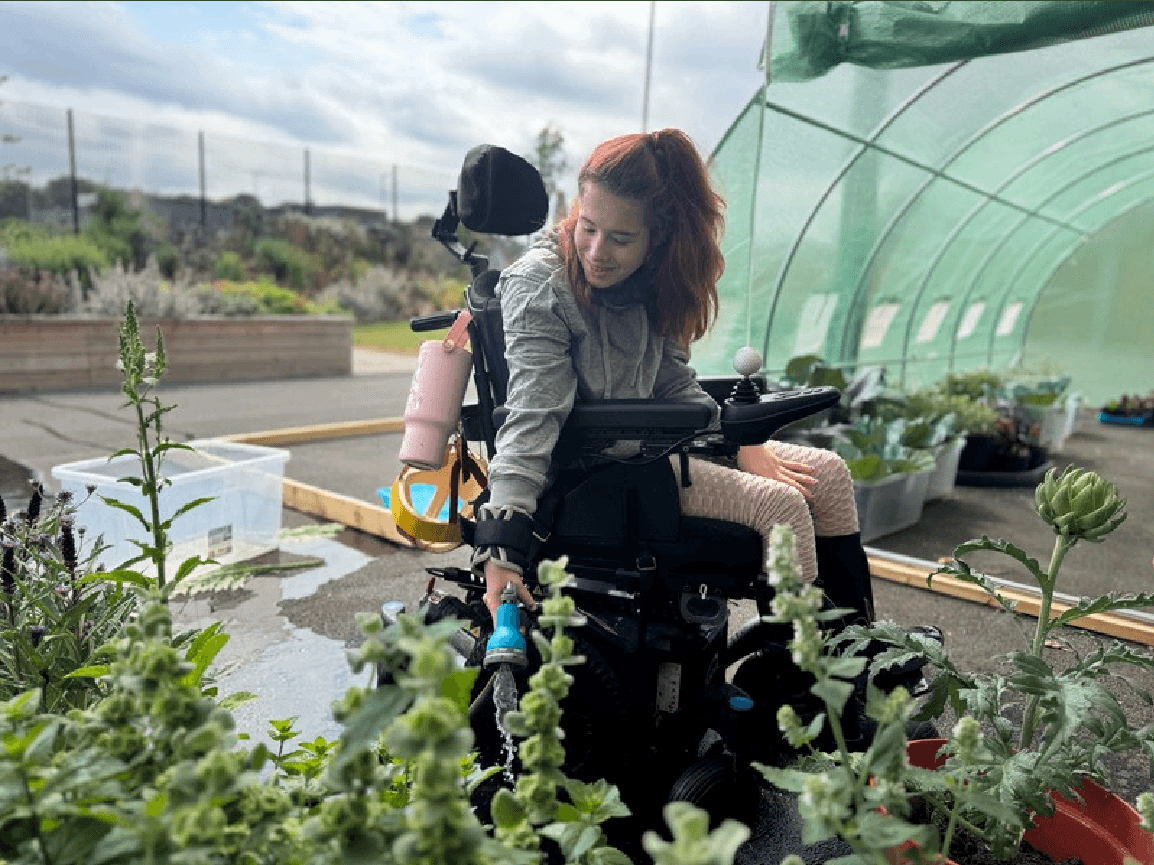 Student in wheelchair tending plants in greenhouse